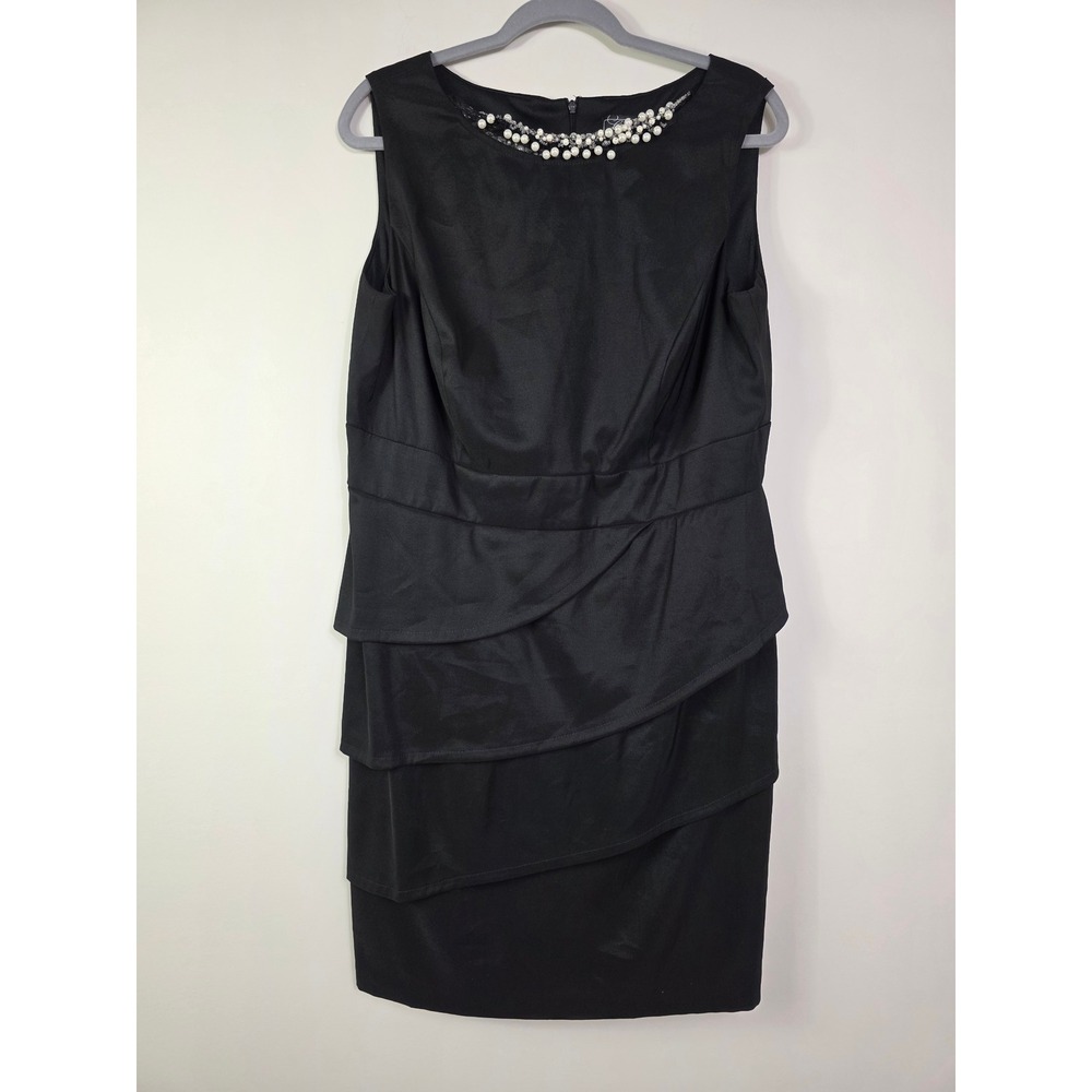 Dress Barn Black Sleeveless Tiered Dress Faux Pearl Beaded Neck Size 14